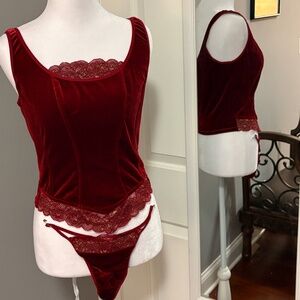 Vintage Red Velvet & Lace Lingerie Set - Y2K Cami & Thong